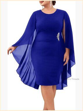 Plus Size Chiffon Cape Dress Ruched Bodycon Pencil Midi Dress